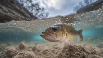 Underwater View Of A Bass Fish Swimming In Clear Water. photo
