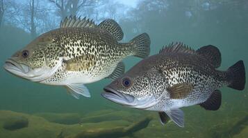 Two Large Fish Swim in Clear Water with Underwater Flora Visible. photo