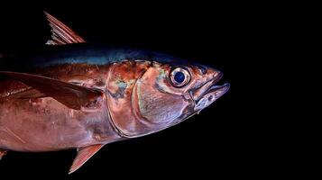 Striking Close Up of a Tuna Fish with Vivid Colors on Black. photo