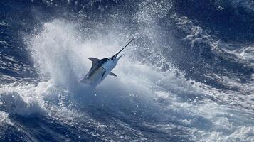 Majestic Marlin Leaps Through Crashing Ocean Waves. photo