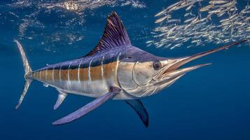 Majestic marlin hunts a school of shimmering fish in deep blue ocean. photo