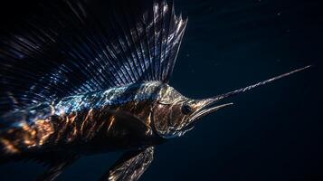 Majestic Sailfish Glides Through Dark Ocean Waters, Fins Illuminated. photo