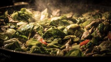 Sizzling Stir Fry with Fresh Cabbage and Meat in a Hot Pan. photo