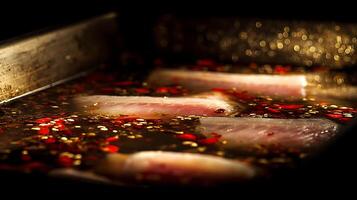 Sizzling Fish Fillets Marinating in Spicy Oil with Golden Bokeh photo
