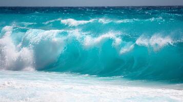 Majestic Teal Ocean Wave Crashing in Slow Motion on a Sunny Day. photo