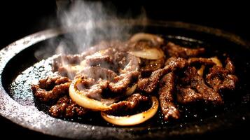 Sizzling Beef Strips with Onions on a Hot Griddle, Delicious Food Close Up. photo