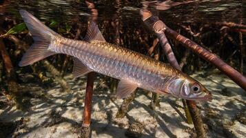Gleaming Fish Swims Through Mangrove Roots in Crystal Clear Water. photo