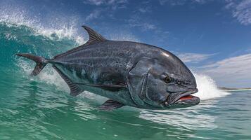 Powerful Giant Trevally Fish Leaps From Crashing Ocean Wave. photo