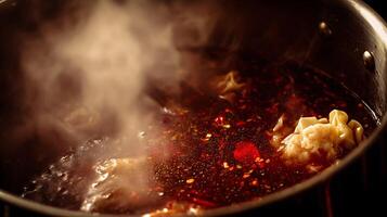 Steaming Pot of Delicious Dumplings and Spicy Broth. photo