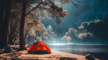 Serene Campsite by the Lake at Sunrise with Golden Light Filtering Through Trees. photo