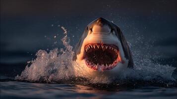 A Great White Shark Surfaces With Jaws Open Ready to Strike. photo