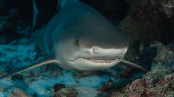 Close up shot of a powerful shark swimming near coral reefs. photo