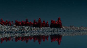 Crimson Foliage Reflects Under Starry Night Sky Over Calm Water. photo