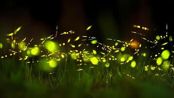 Magical Fireflies Dancing in the Summer Night Meadow photo