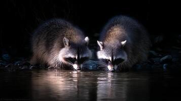 Two Raccoons Drink Water in Darkness, Reflected in the Ripples. photo
