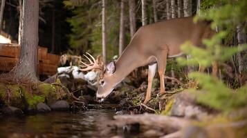 Majestic Buck Drinks From Forest Stream at Dusk. photo