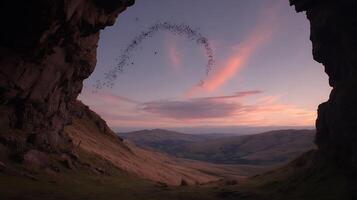 Flock of Bats Emerging from Cave at Dusk with Dramatic Sunset Sky photo