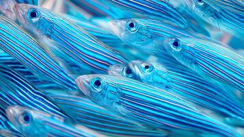 Close Up View Of A School Of Blue Striped Fish In Clear Water. photo