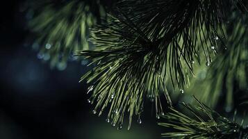 Close up of pine needles with sparkling water drops after rain. photo