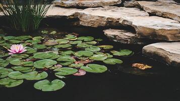 Serene Water Lily Pond with Rocks and Lush Greenery. photo