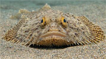 Amazing close up of a flatfish camouflaged on the sandy seabed. photo