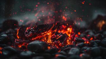 Glowing Embers and Sparks from a Fiery Coal Bed photo