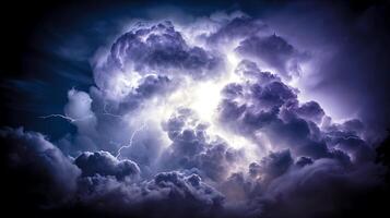 Intense Lightning Strikes Through Dramatic Storm Clouds at Night. photo