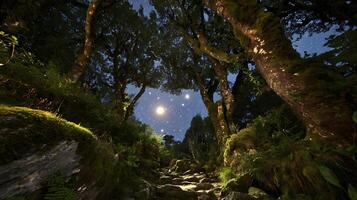 Enchanted Forest Path Under a Starry Night Sky. photo