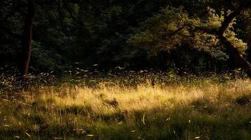 Magical Forest Scene with Swarms of Fireflies in Warm Light. photo