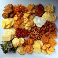 Assorted Crispy Snack Foods Arranged for Viewing. photo