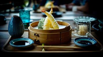 Delicious Shrimp Tempura and Green Vegetable Bites Served with Soy Sauce. photo