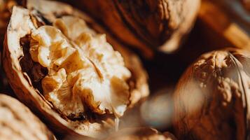 Macro View Of A Cracked Walnut Revealing Its Rich Texture. photo
