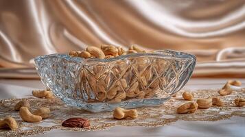 Delicious Cashews Served in a Crystal Bowl with Golden Sparkle. photo