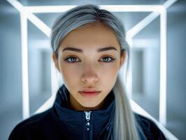 Young woman with silver hair in modern light-filled space photo