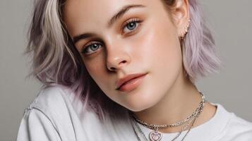 Close-up of beautiful woman with lavender hair and layered necklaces photo