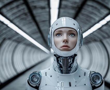 Robotic figure with human features in futuristic setting photo