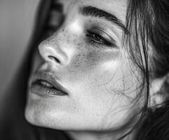 Close-up of woman's face with freckles in black and white photo