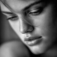 Portrait of a pensive young Woman in black and white photo