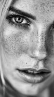 Woman's face with freckles in detailed monochrome portrait photo