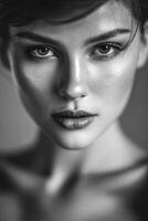 Close-up portrait of a young woman in black and white photo