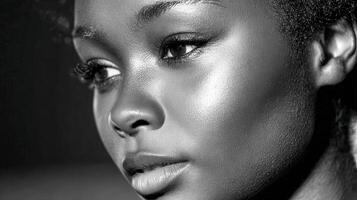 Young African American woman looks off to the side photo