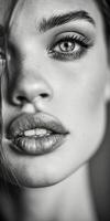 Close up of a woman's face in black and white portrait photo