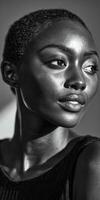 Close-up of a beautiful dark-skinned woman looking to the side photo