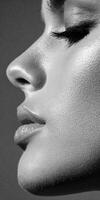 Close view of a person's face in black and white profile photo