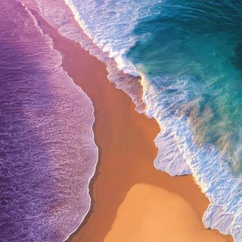 Aerial view of Waves Crashing on Golden Sand at Shoreline photo