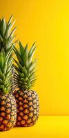Two fresh pineapples sit against a yellow background photo