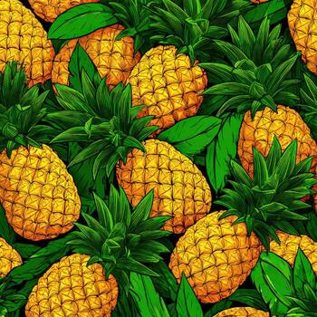 Scattered pattern of ripe pineapples and green foliage photo