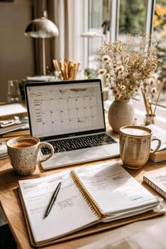 Desk setup with laptop, notebook, and coffee in bright room photo