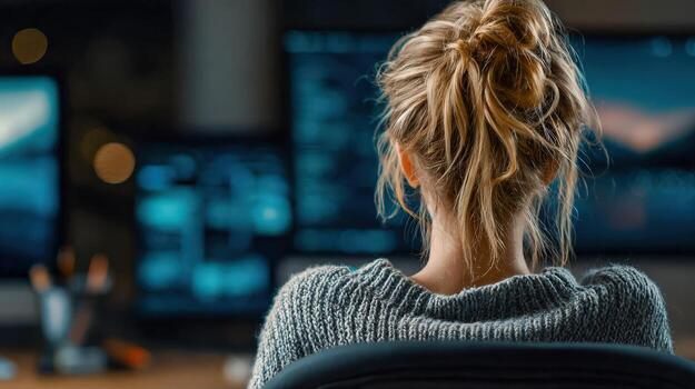 mujer trabajos en varios computadora monitores en un oscuro oficina foto