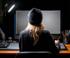 Woman working at computer using a graphic tablet in a dark room photo
